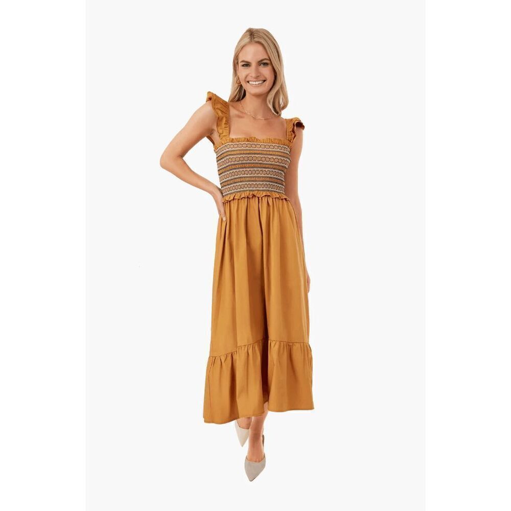 En Saison Marigold Penelope Smocked Sleeveless Midi Dress Women's Size XS
